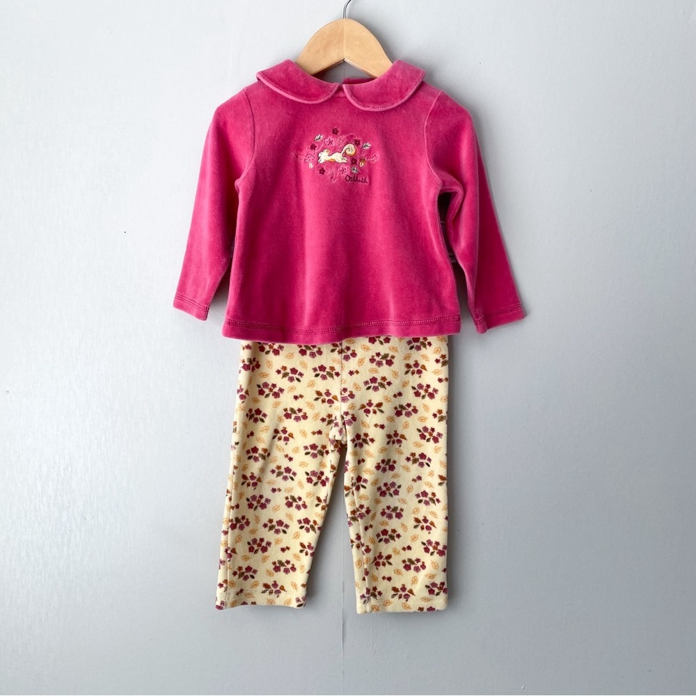 Vintage Y2K OshKosh B'Gosh Squirrel Leaf Print Velour Sweater & Pants Set 18M